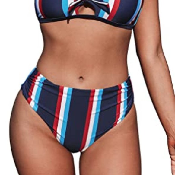 CUPSHE Women's Stripe Bikini Bowknot Shirred Swimsuit Small - Picture 2 of 6